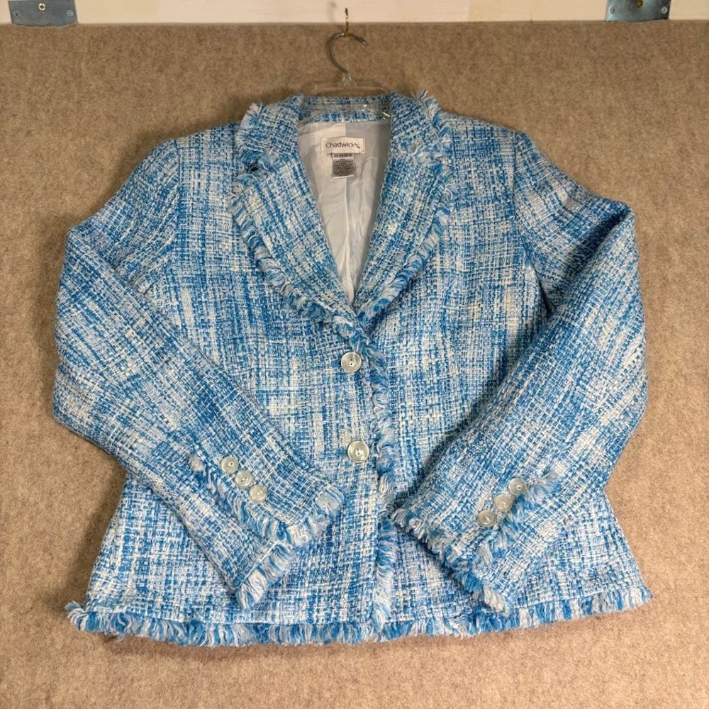 Chadwicks Tweed Blazer Womens 12 Blue Acrylic Fringed Boucle Jacket Classic Chic